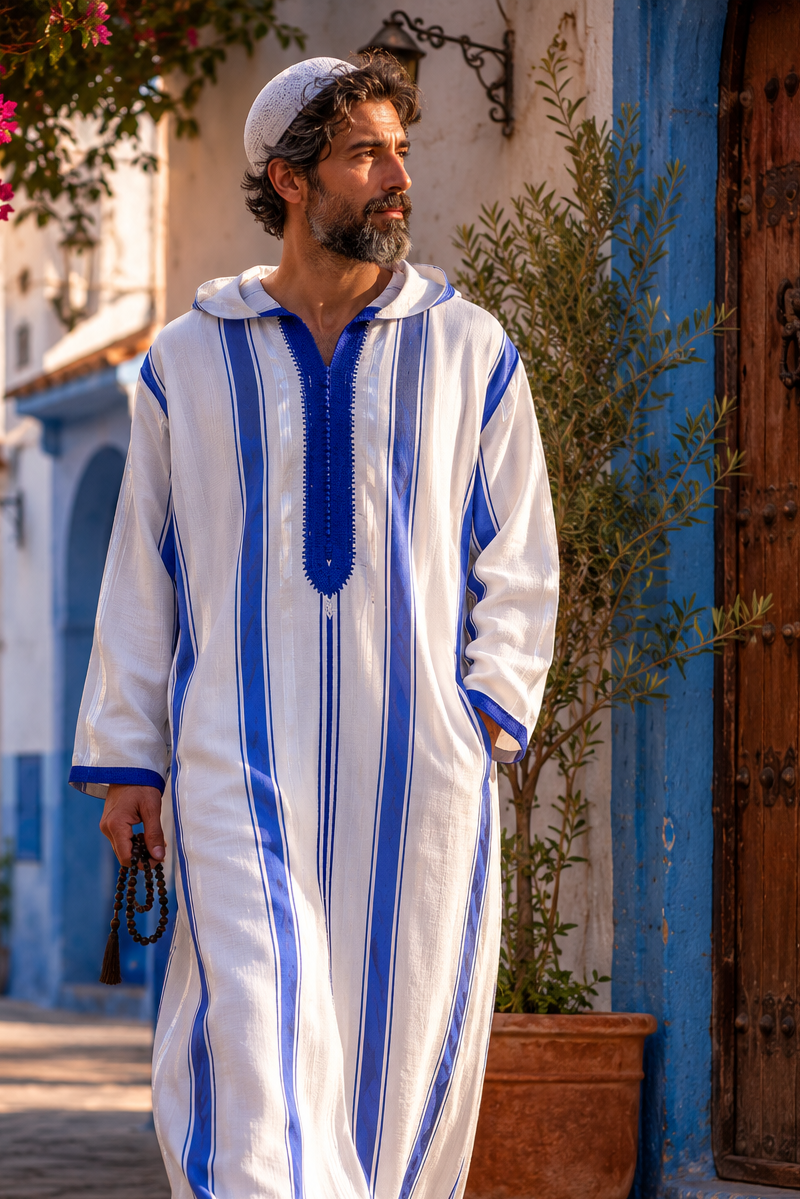 Moroccan Djellaba – Blue & White Stripes