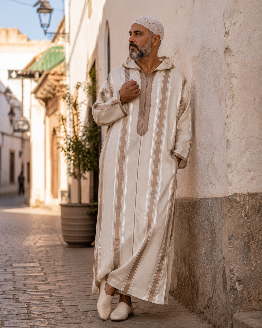 Moroccan Djellaba – Brown & White Stripes