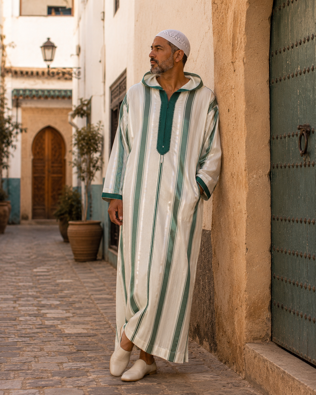 Moroccan Djellaba – Green & White Stripes