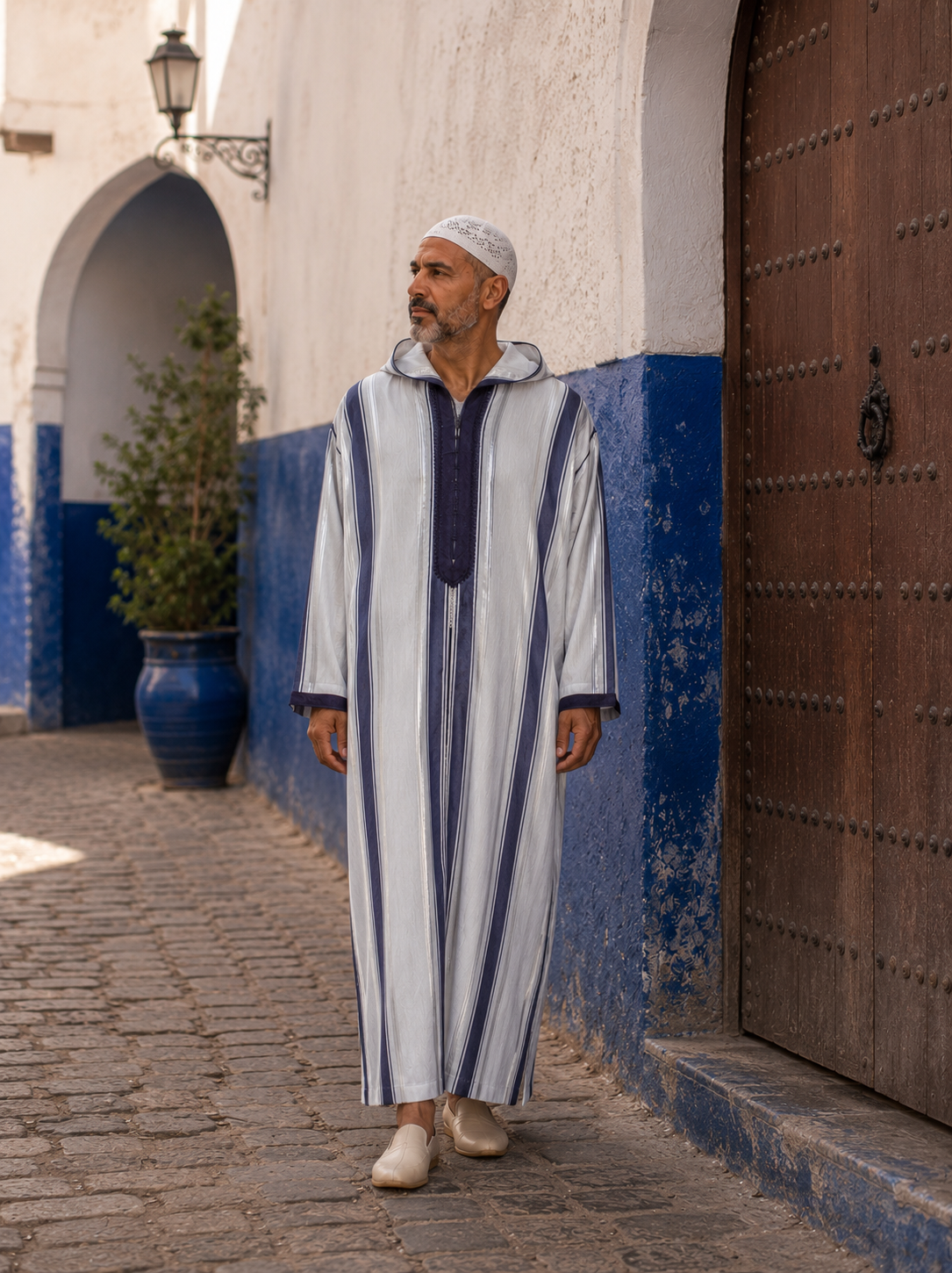 Moroccan Djellaba – White & Navy Stripes