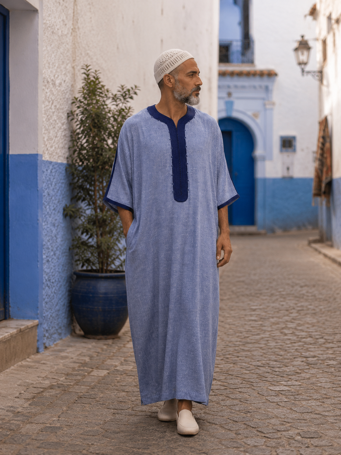 Moroccan Gandora – Blue with Navy Embroidery