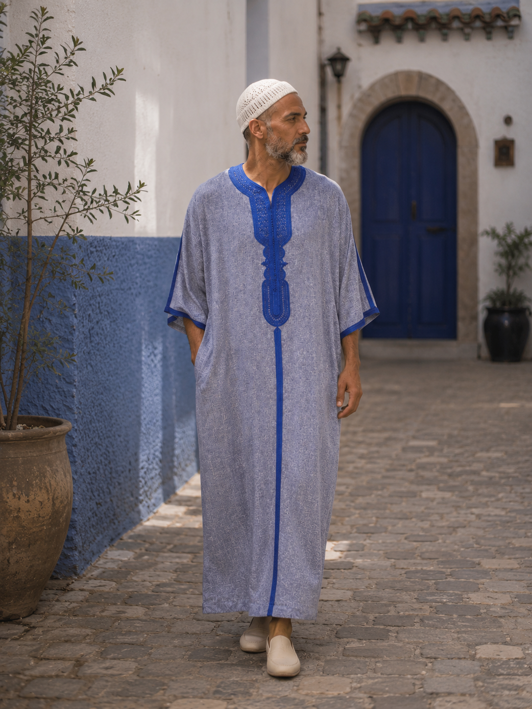 Moroccan Gandora – Blue with Royal Blue Embroidery