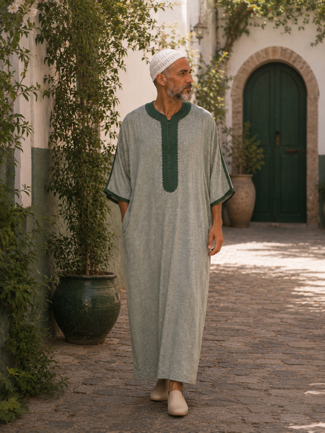 Moroccan Gandora – Green with Dark Green Embroidery