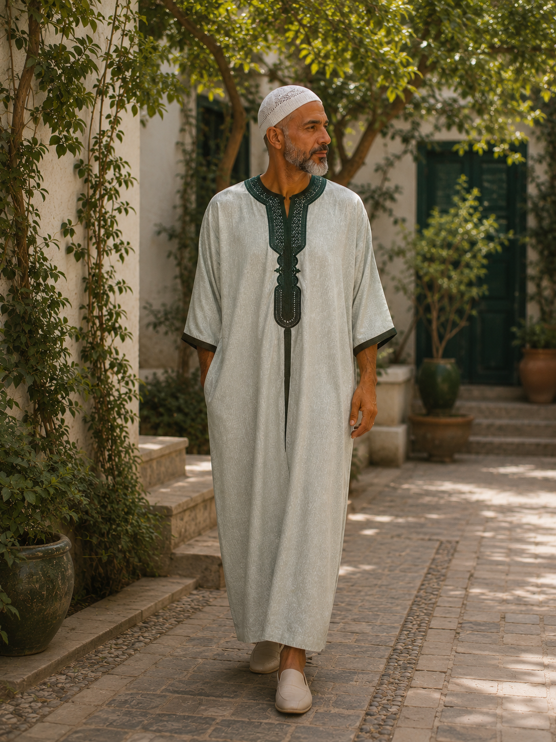 Moroccan Gandora – Green with Deep Green Embroidery
