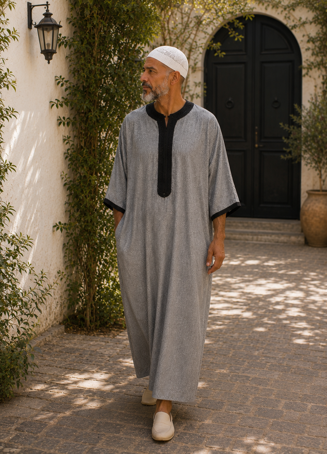 Moroccan Gandora – Grey with Black Embroidery