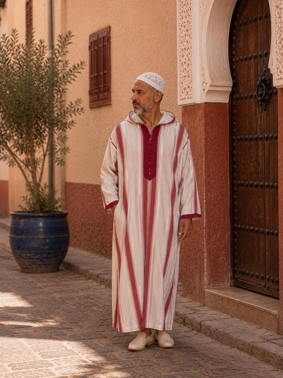Moroccan Djellaba – Red & White Stripes