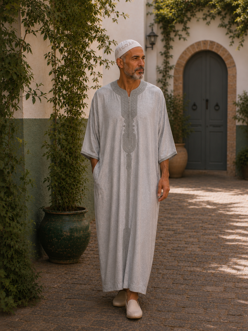 Moroccan Gandora – Light Grey with Subtle Grey Embroidery