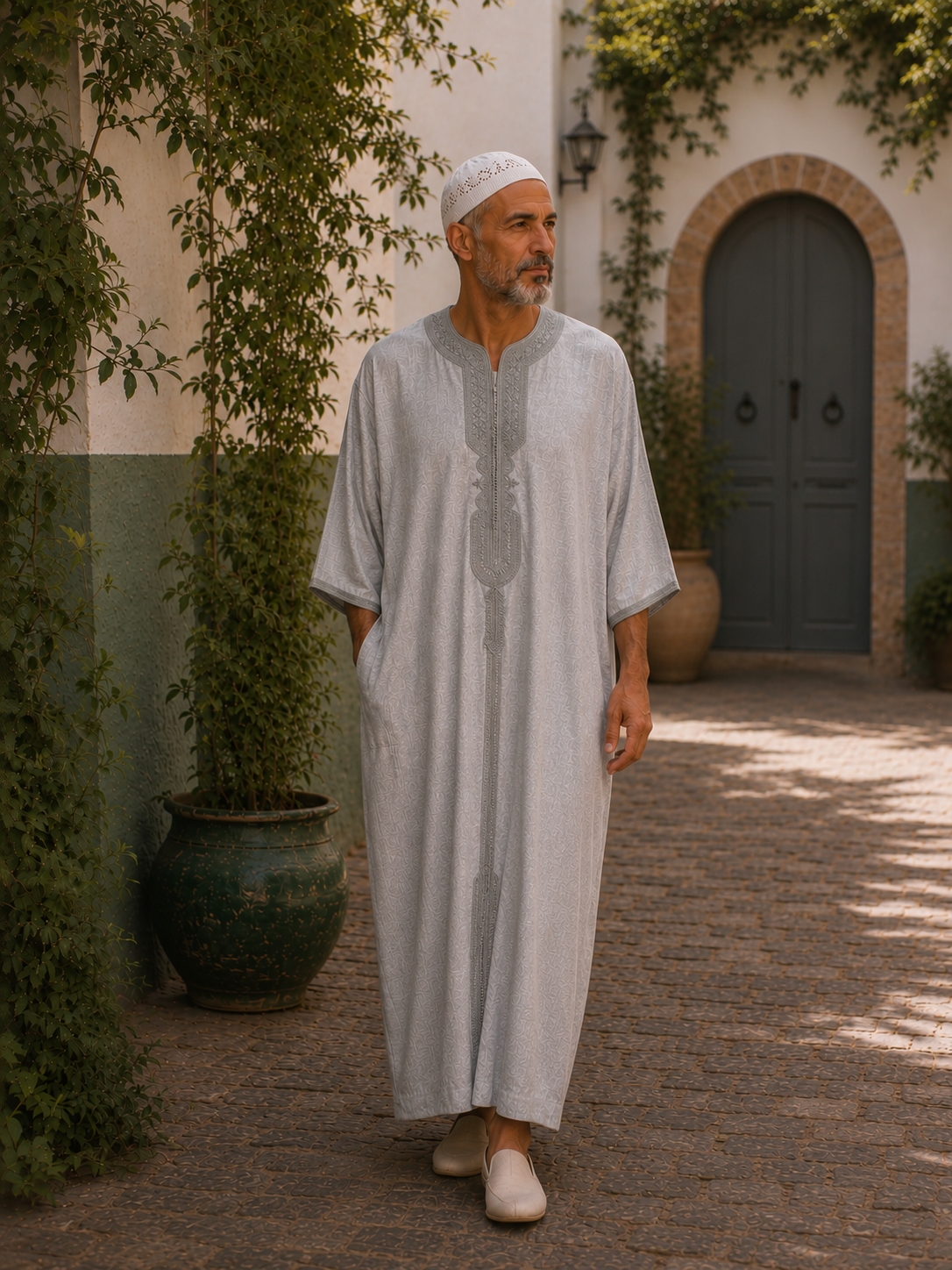 Moroccan Gandora – Light Grey with Subtle Grey Embroidery