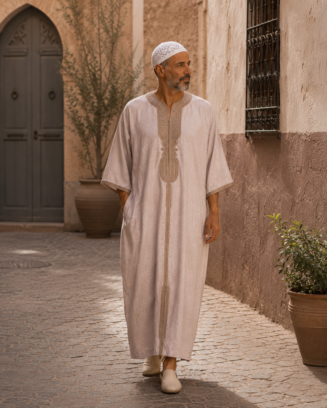 Moroccan Gandora – Peach with Gold Embroidery