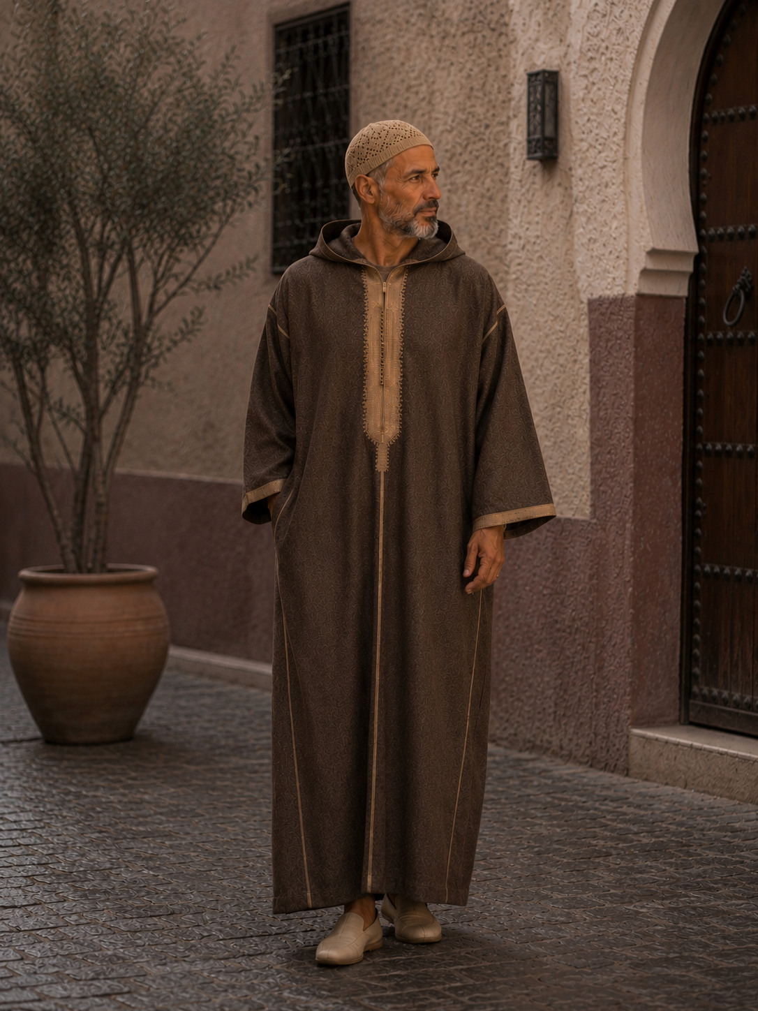 Moroccan Winter Djellaba – Brown with Gold Embroidery