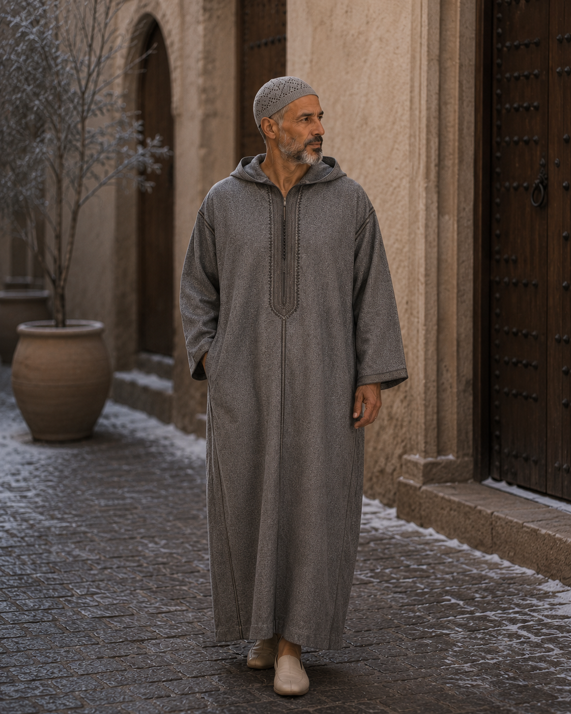Moroccan Winter Djellaba – Charcoal with Matching Embroidery