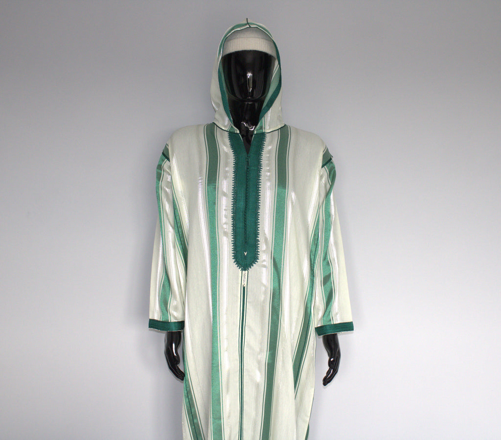 Moroccan Djellaba – Green & White Stripes
