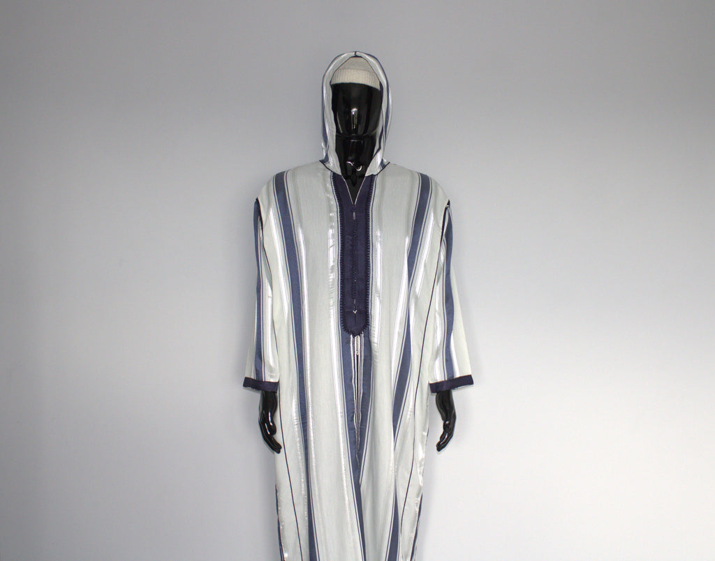 Moroccan Djellaba – White & Navy Stripes
