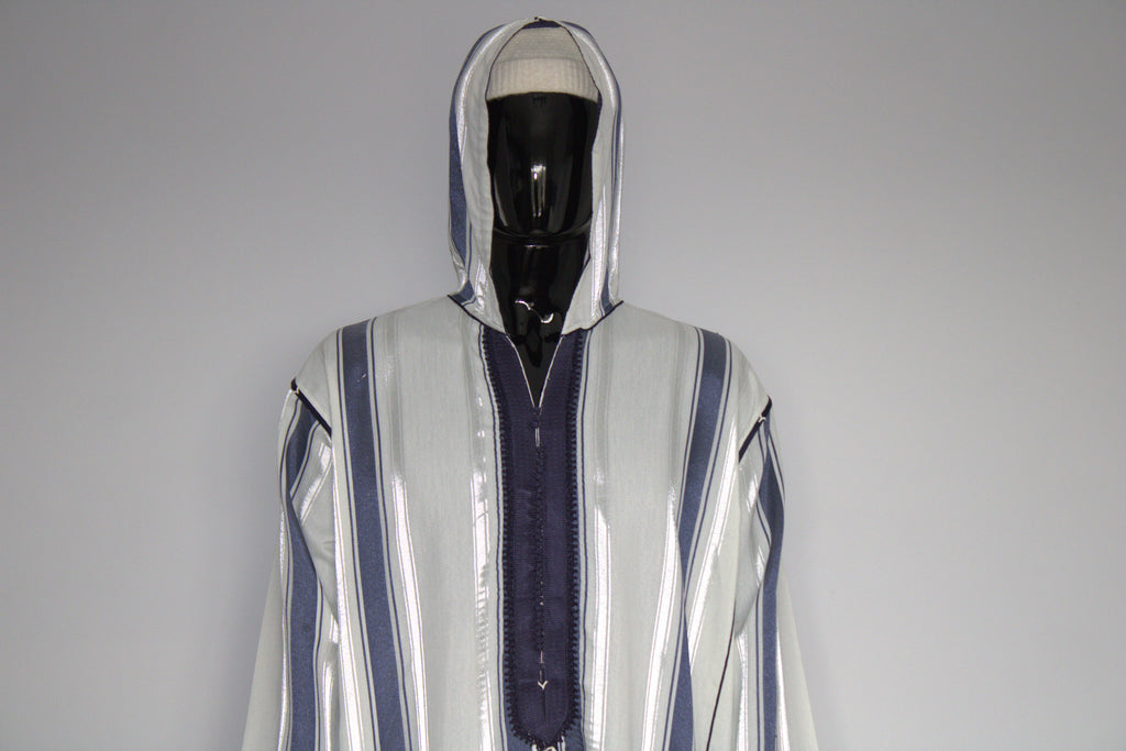 Moroccan Djellaba – White & Navy Stripes